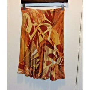 Cache Burgundy Brown Orange Yellow Elastic Waist Godet Leaf Print Skirt S